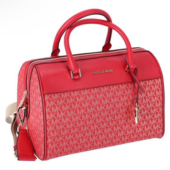 Michael Kors MK Jet Set Travel Medium Duffle Bag Satchel Bright Red MK Signature - Picture 3 of 7
